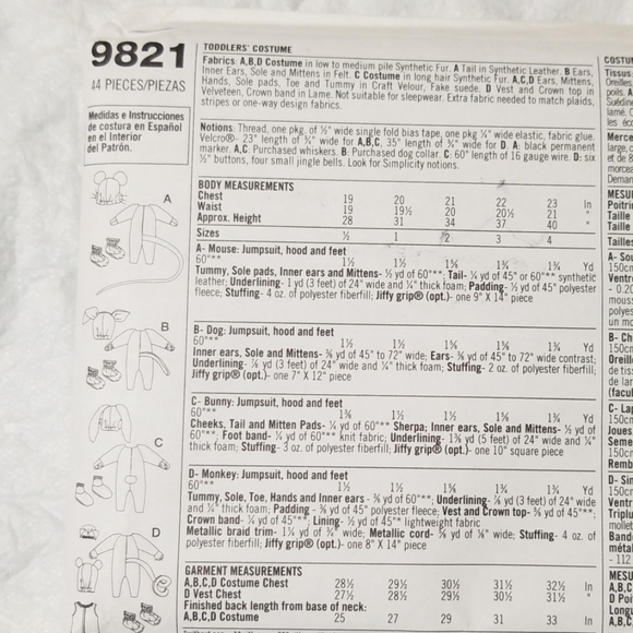 Simplicity Costumes: Mouse, Dog, Bunny, & Monkey - Picture 2 of 2